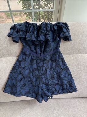 KEEPSAKE the Label Navy Lace Off-Shoulder Romper